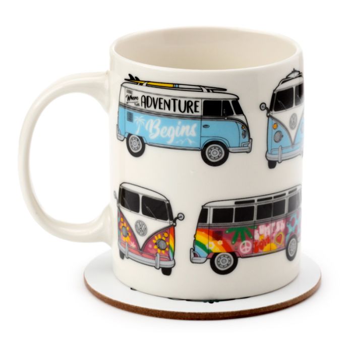 Volkswagen VW T1 Camper Bus Porcelain Mug & Coaster Set