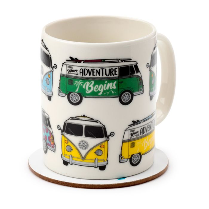 Volkswagen VW T1 Camper Bus Porcelain Mug & Coaster Set