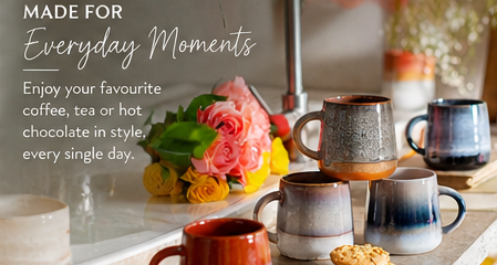 Collage of ceramic mugs with various design elements and text on a white background.