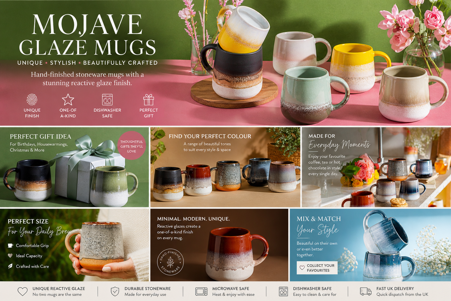 Collage of Mojave Glaze Mugs with various designs and colors on a pink table.