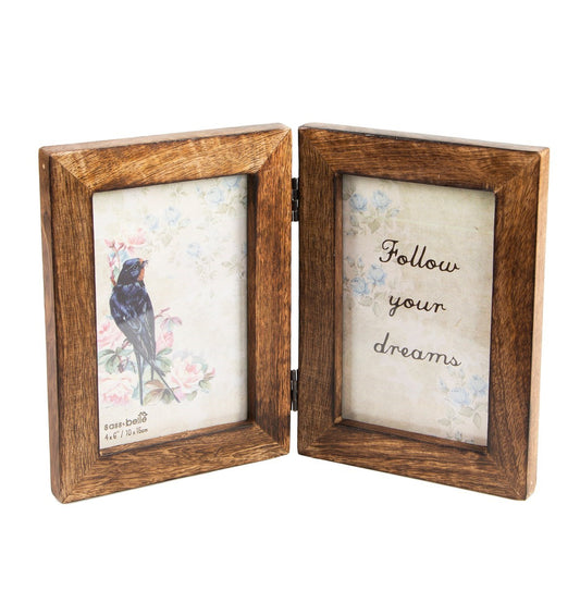 Front view of Sass and Belle Double Dark Brown Wood Photo Frame with decorative inserts