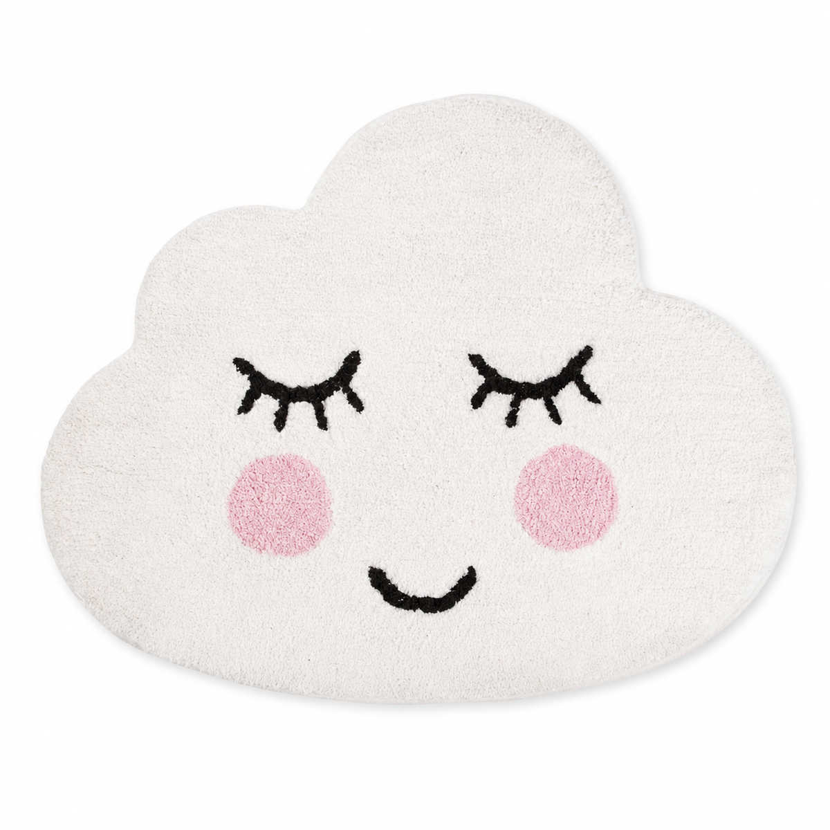 Sass & Belle Sweet Dreams Smiling Cloud Rug in white cotton with pink cheeks and smiling face