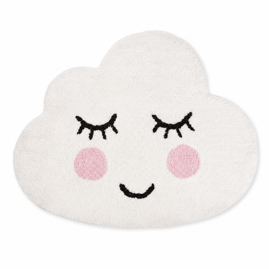 Sass & Belle Sweet Dreams Smiling Cloud Rug in white cotton with pink cheeks and smiling face