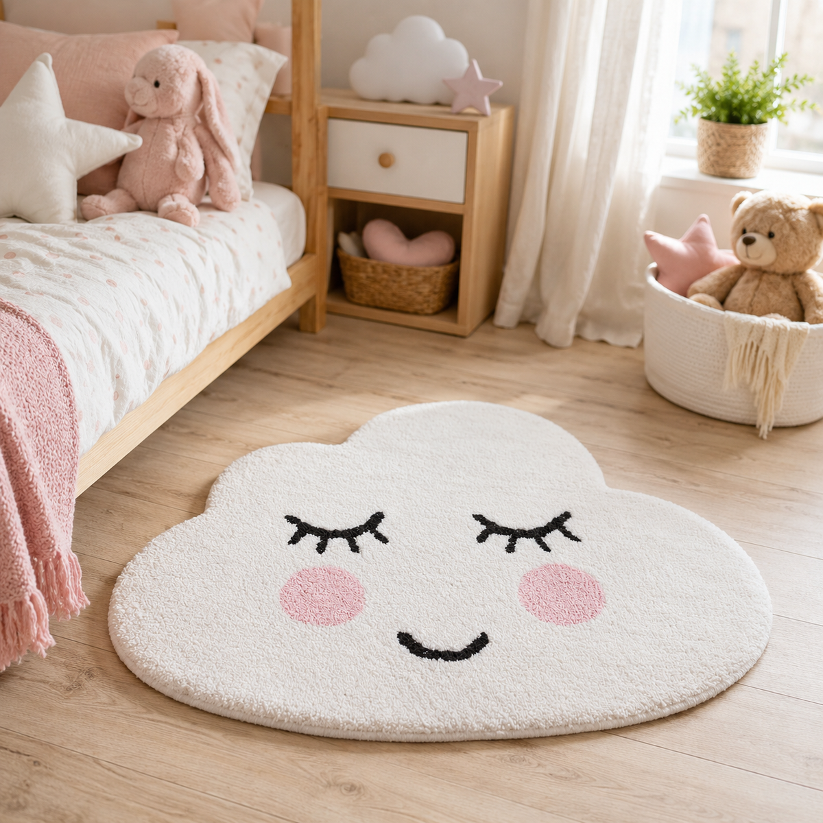 Sass & Belle smiling cloud rug styled in a children's bedroom