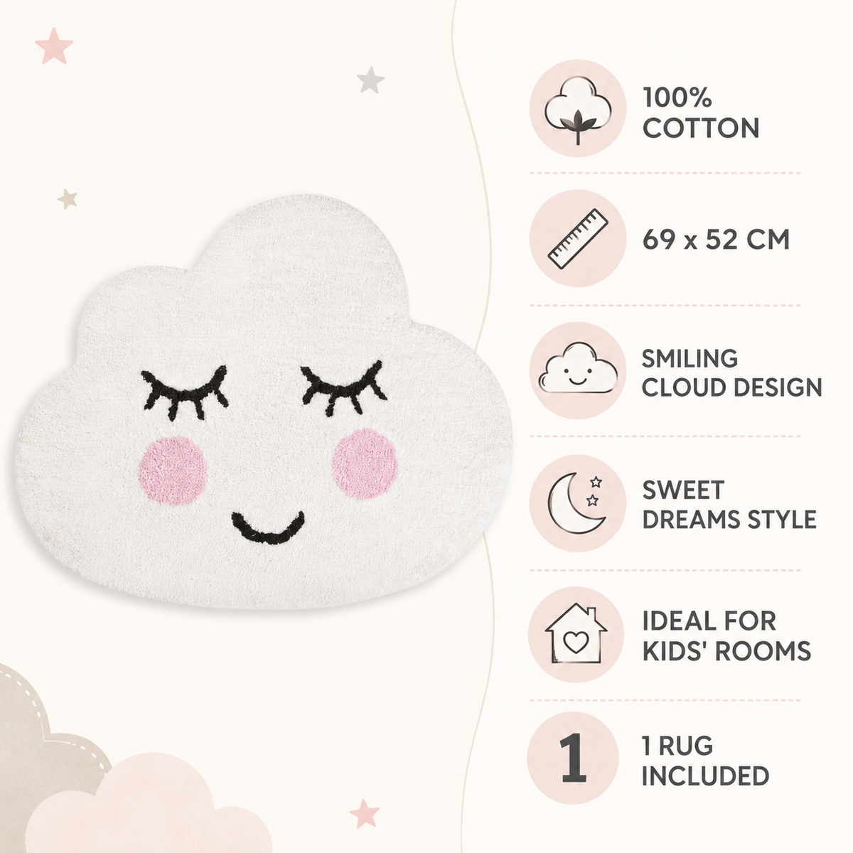 Sweet Dreams cloud rug with 100% cotton and 69 x 52cm product features