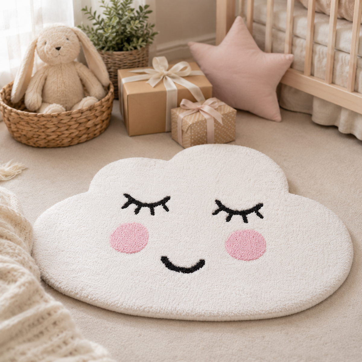 White smiling cloud rug styled as cute nursery bedroom décor