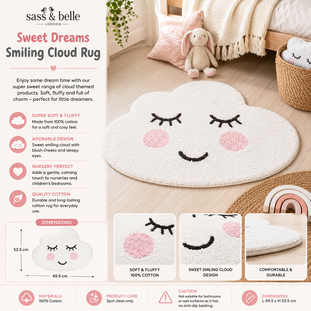 Sass and Belle smiling cloud white cotton rug