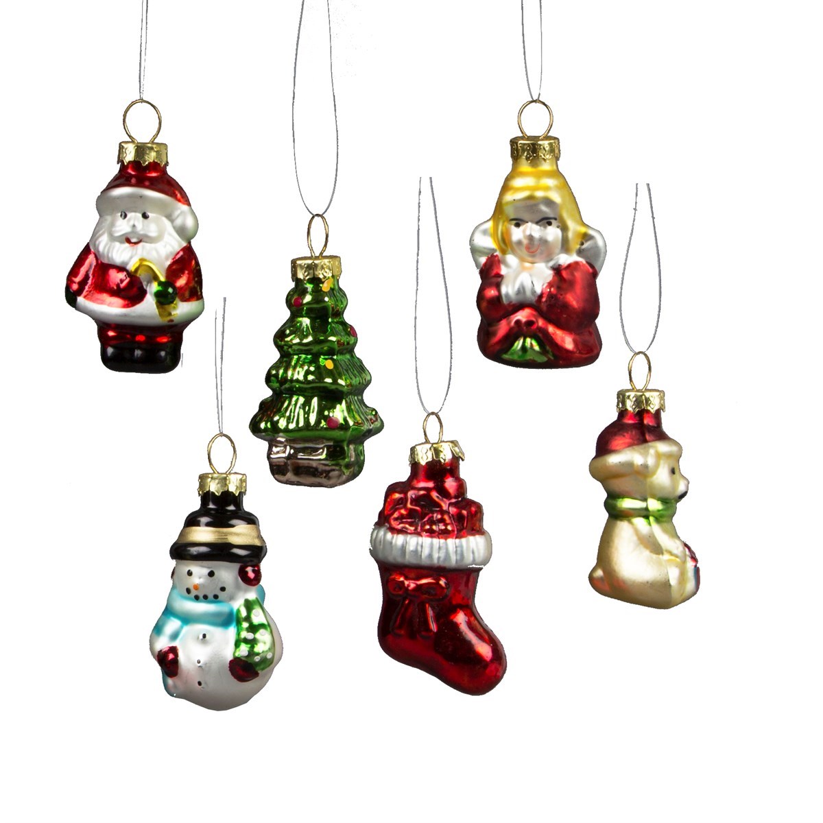 Set of 6 Glitzy Mini Christmas Characters Shaped Baubles