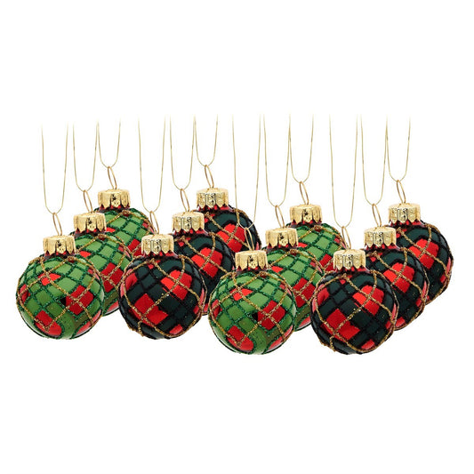 Sass & Belle Mini Tartan Baubles Set of 12 – Traditional Red and Green Christmas Ornaments