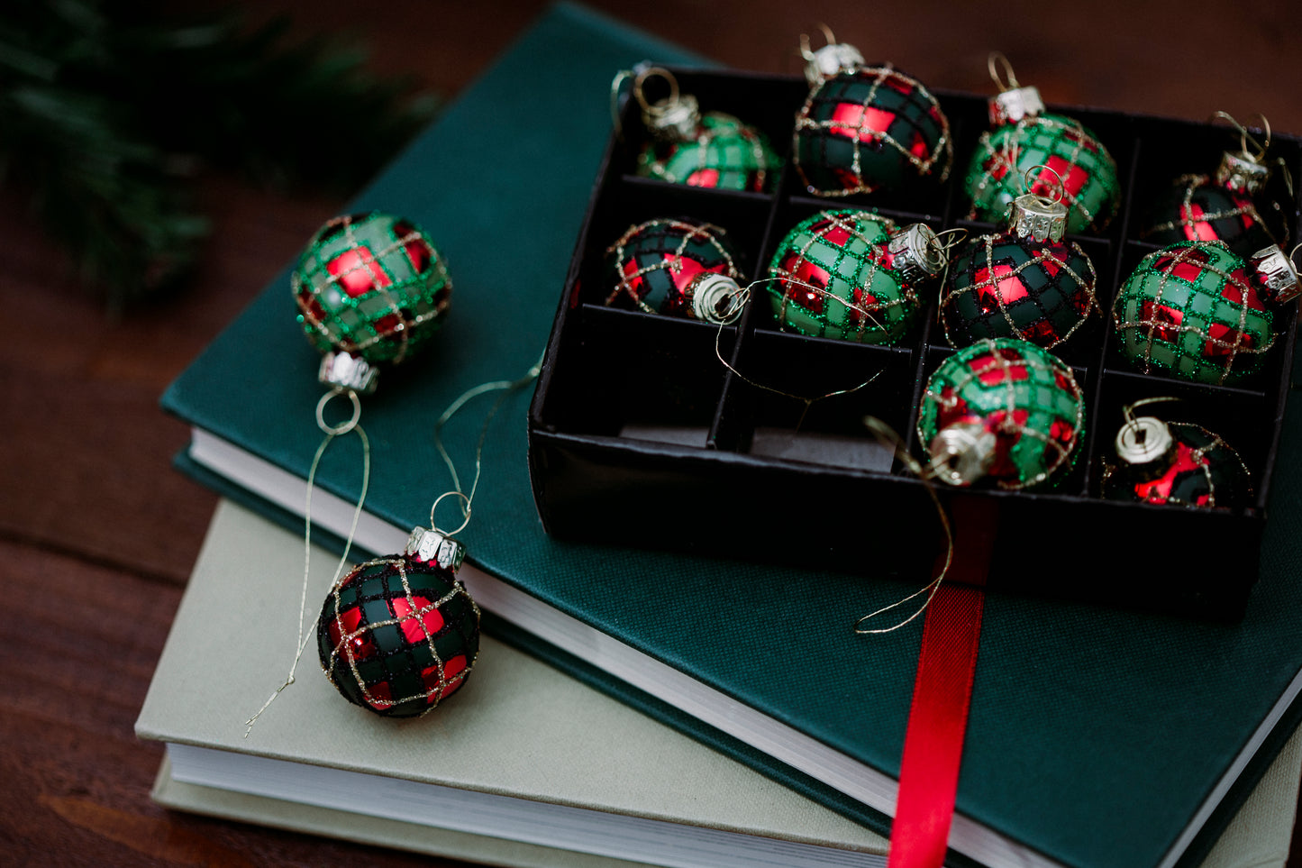Box of 12 Tartan Baubles by Sass & Belle – Classic Festive Tree Decorations