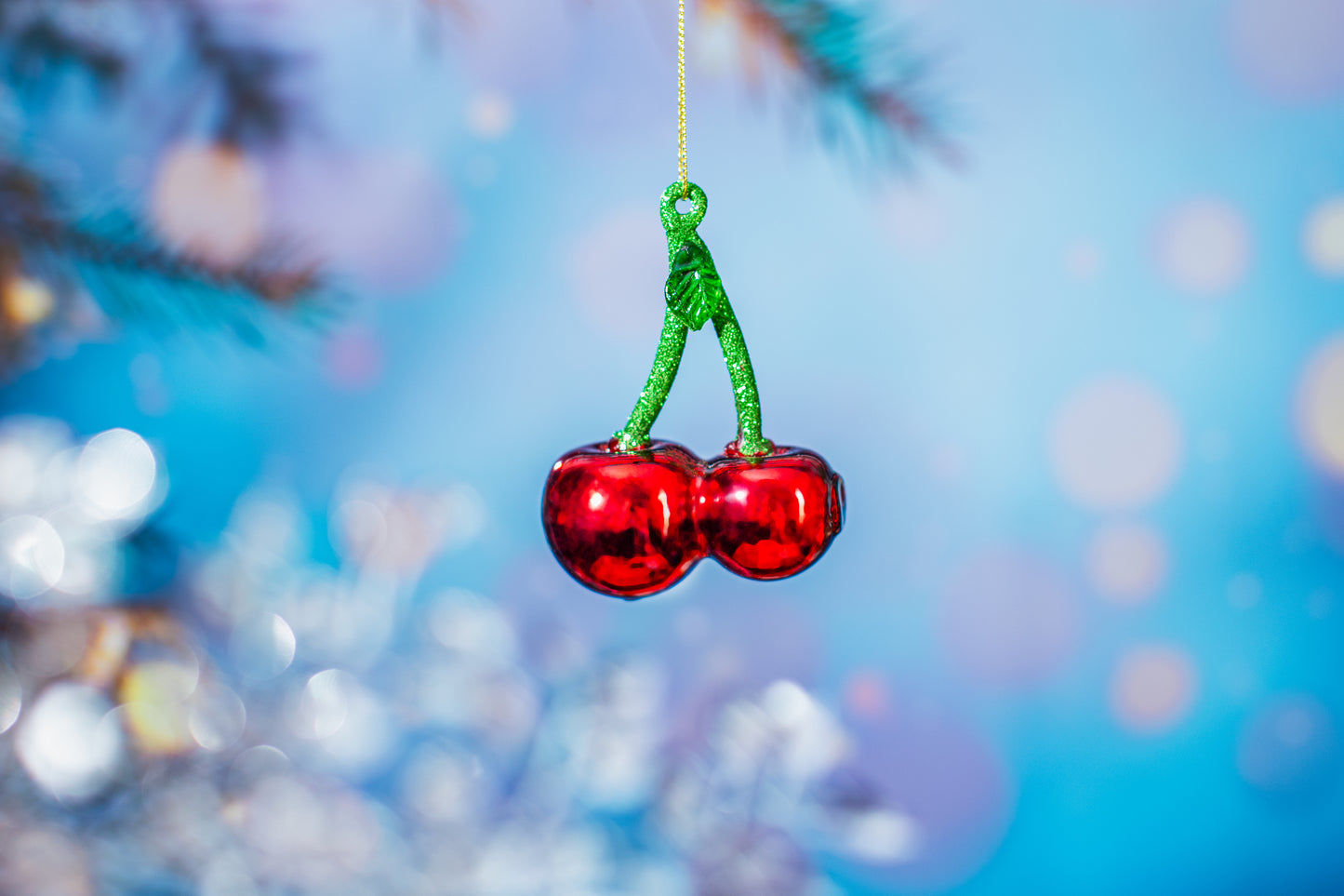 Cherry-shaped Christmas bauble with glitter green stem – Sass & Belle festive ornament