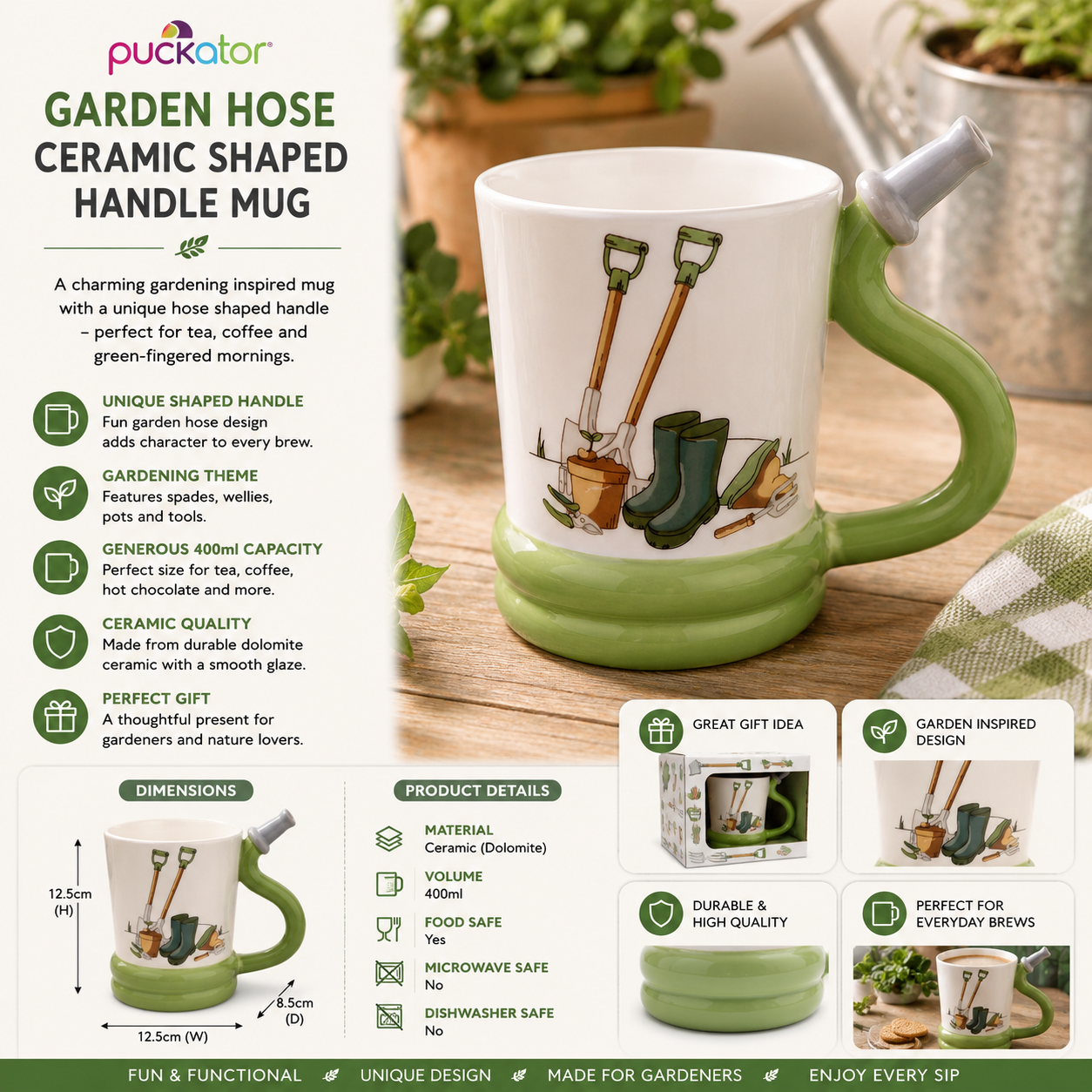 Garden hose ceramic shaped handle mug with gardening-themed design on a wooden surface.