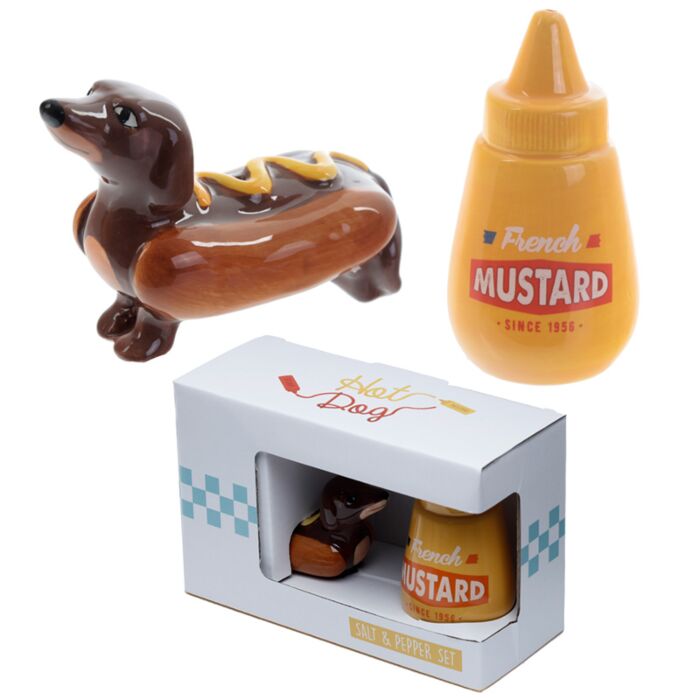 Sausage dog hot dog ceramic salt and pepper shaker set