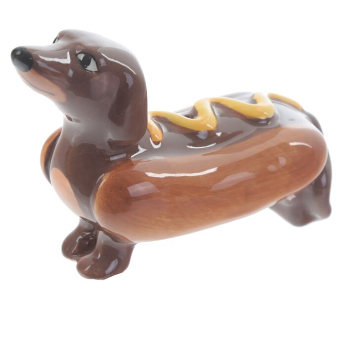 Dachshund novelty salt shaker hot dog design close up