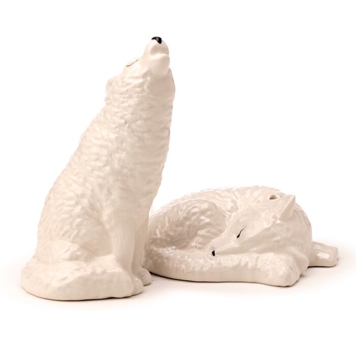 White wolf ceramic salt and pepper shaker set front view