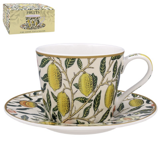 Fine china cup and saucer set with William Morris "Fruits" design, showing lemons and foliage, boxed in matching gift packaging.