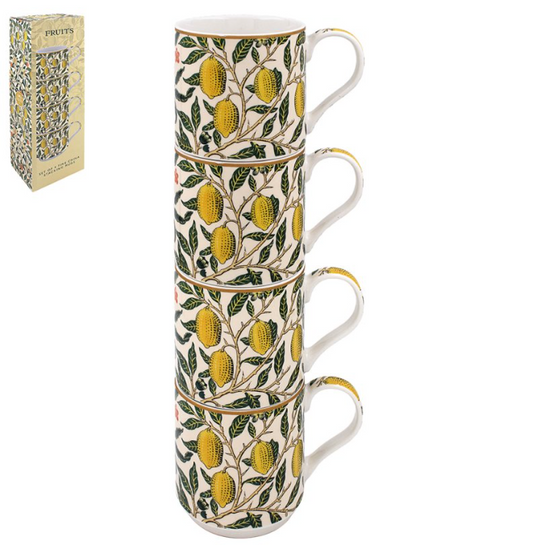 Set of 4 stacked fine china mugs featuring William Morris Fruits design from The Leonardo Collection