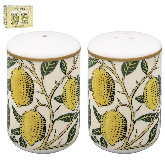 William Morris Fruits Salt & Pepper Set – front view with lemon pattern and gift box