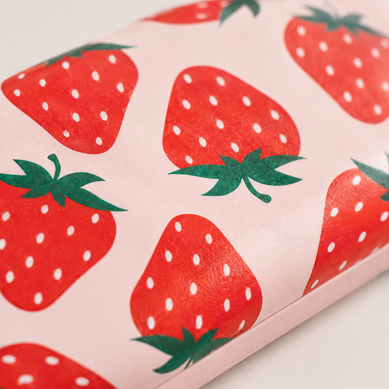 Close-up of red strawberry print on Sass & Belle pink glasses case