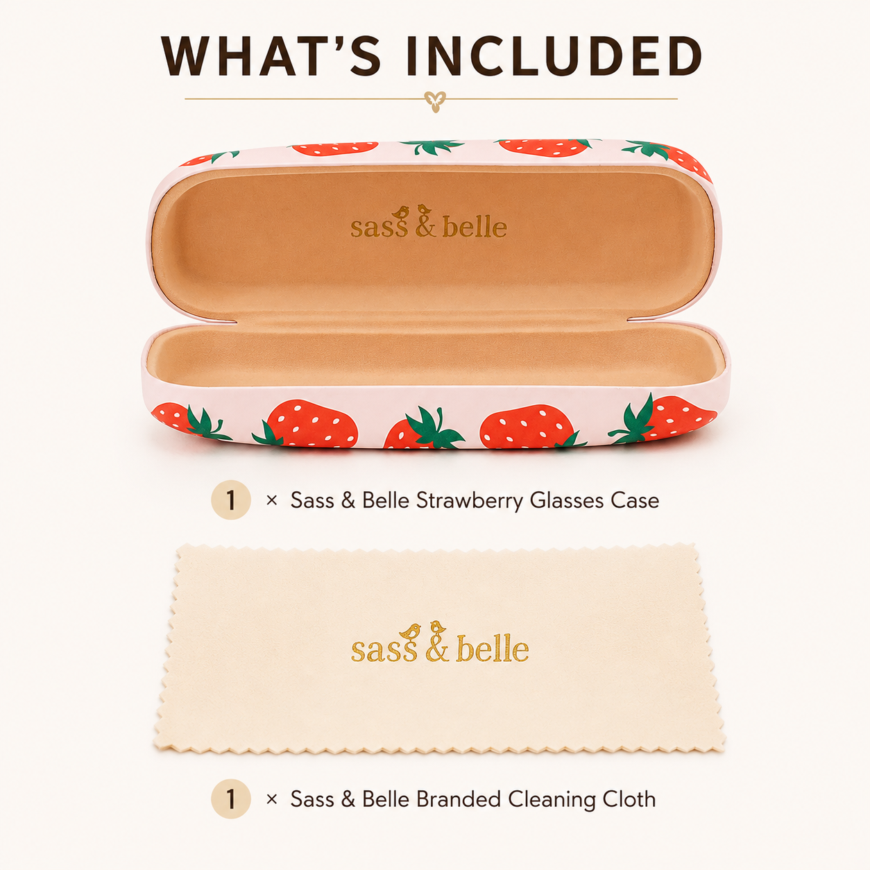 Strawberry Glasses Case with Sass & Belle branded cleaning cloth