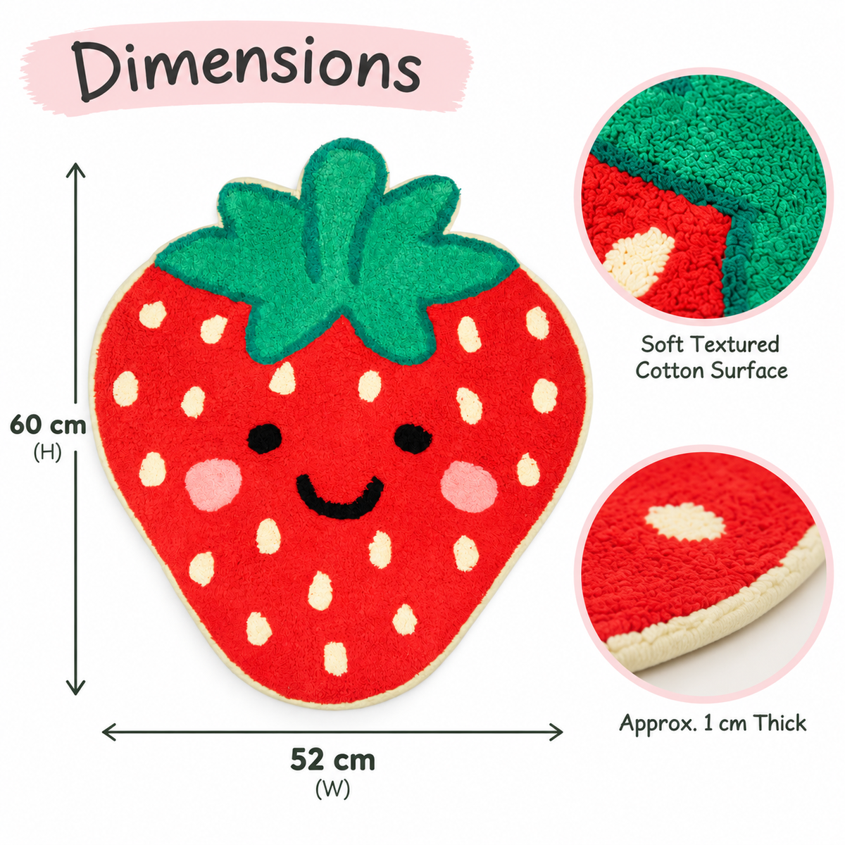 Sass & Belle Strawberry Rug measuring 60cm high and 52cm wide