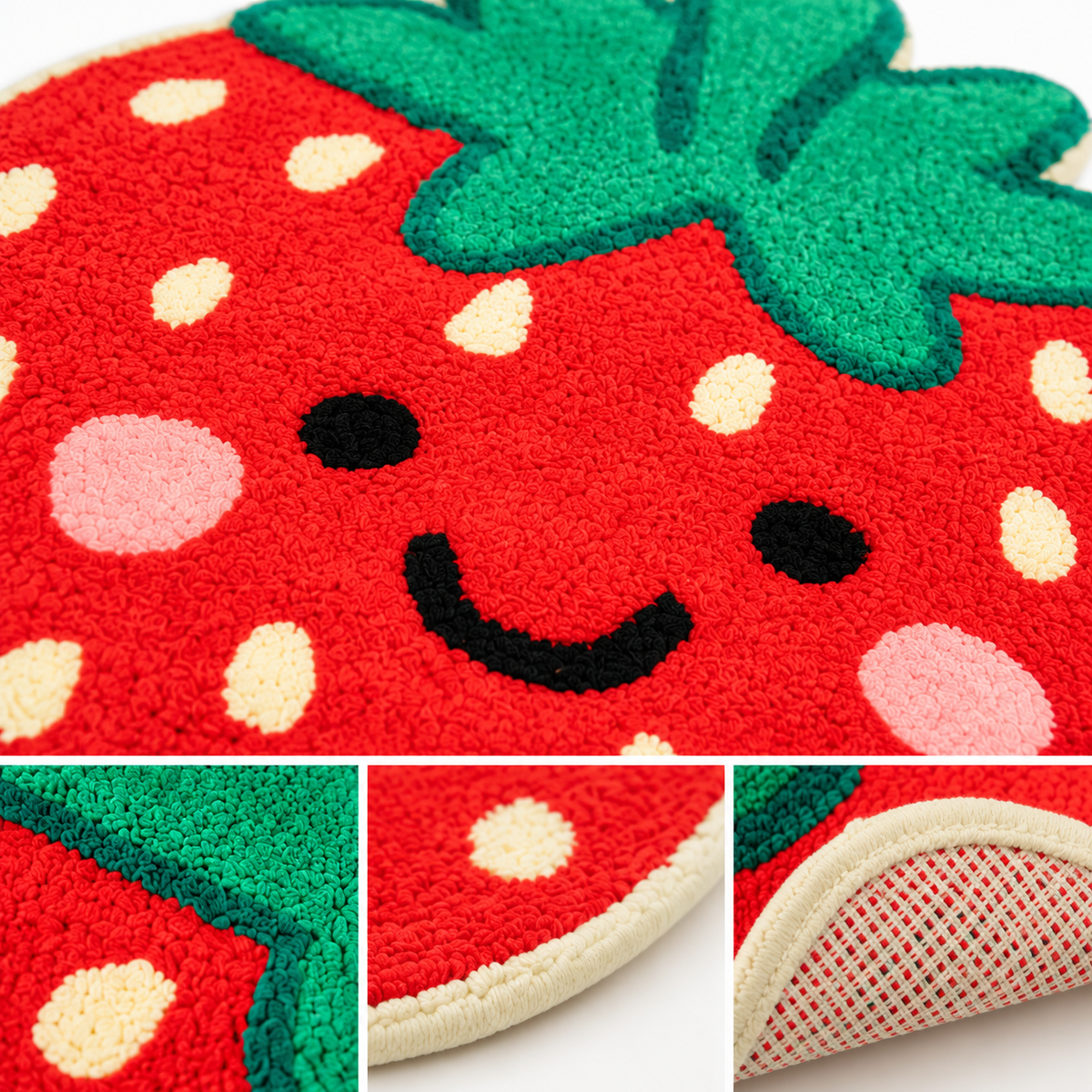 Close-up of strawberry rug showing textured cotton, cream seeds and pink cheeks
