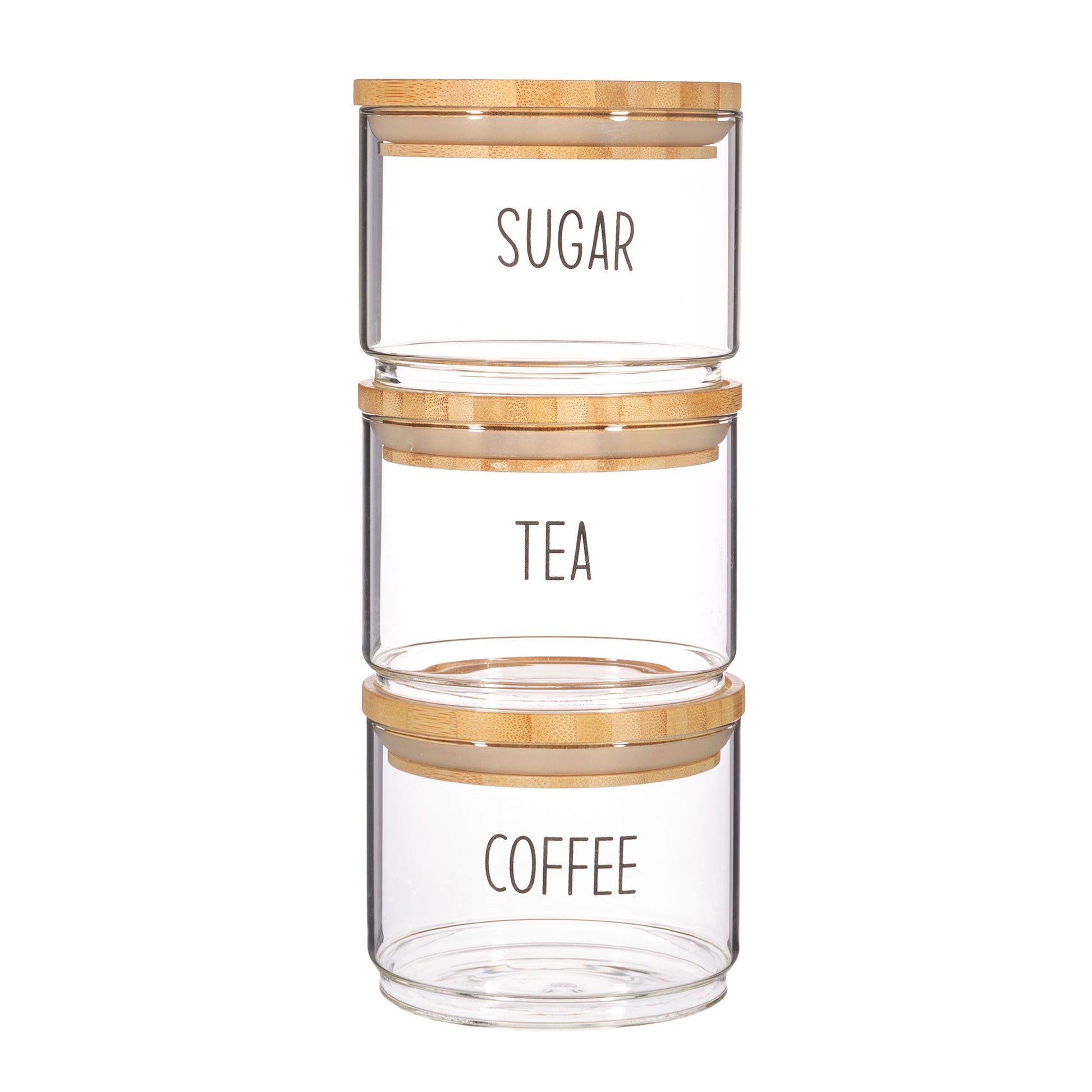 Clear glass stacking jars with bamboo lids for tea, coffee, and sugar