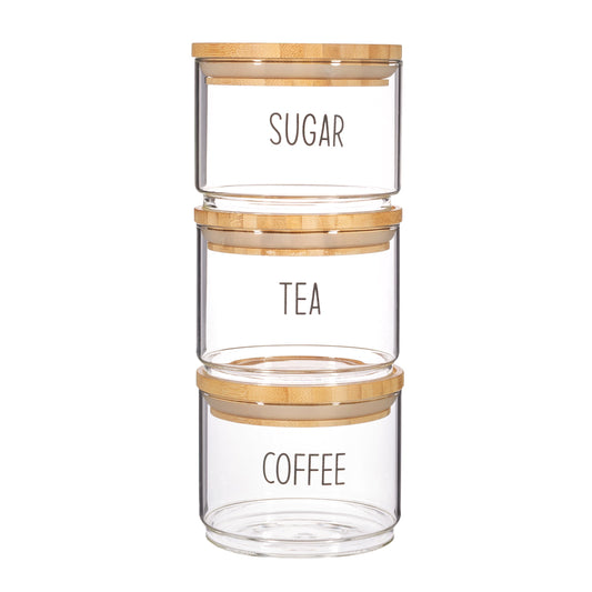 Clear glass stacking jars with bamboo lids for tea, coffee, and sugar