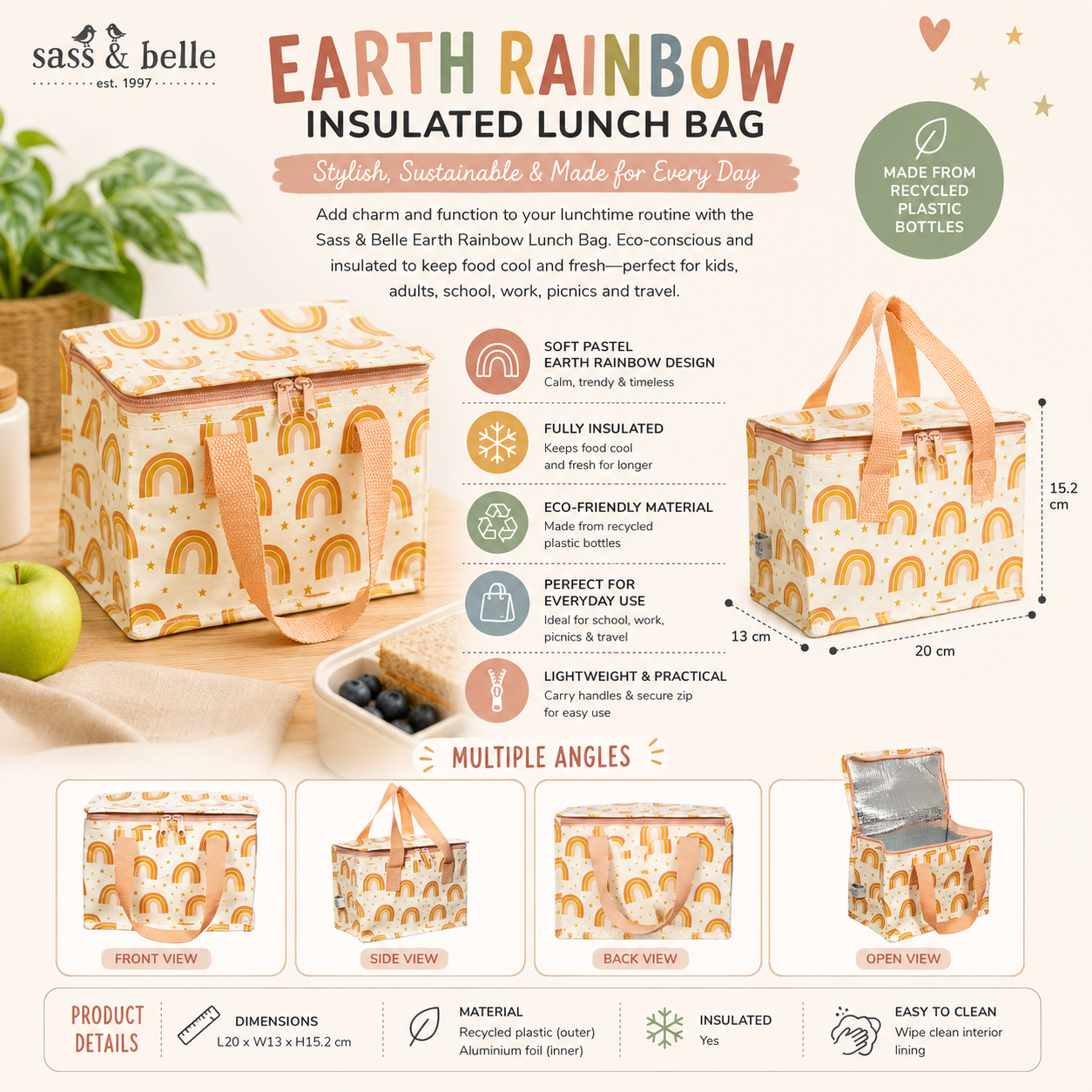Earth Rainbow insulated lunch bag with product details and features on a white background