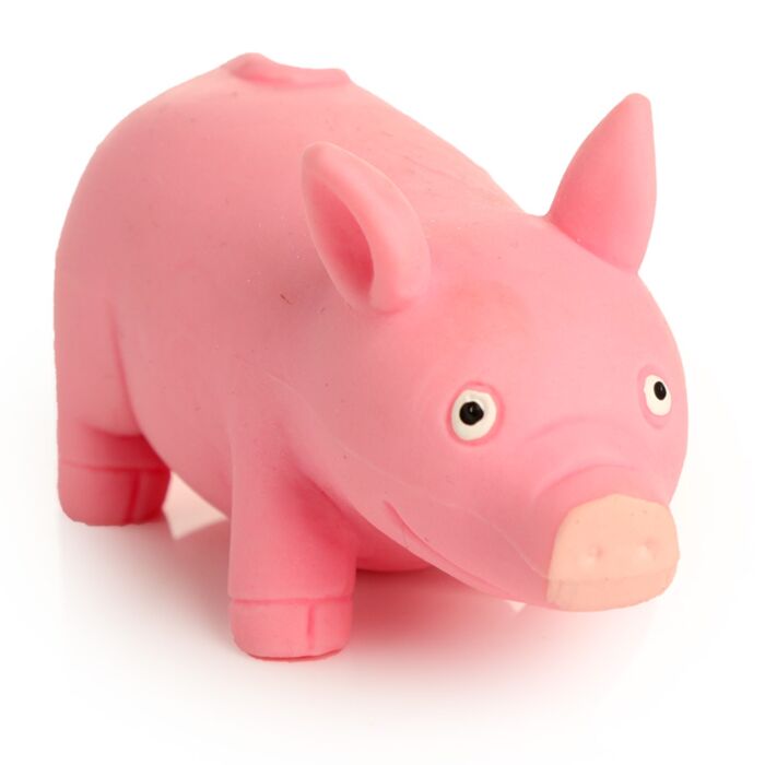 Pink squishy pig stress toy close up front angle