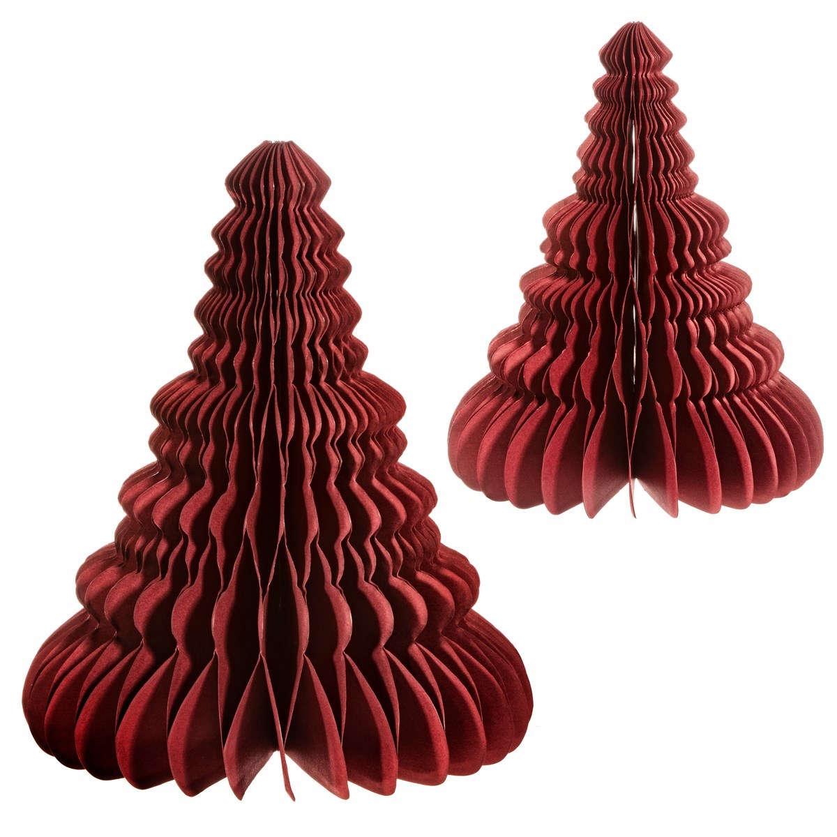 Sass & Belle Crimson Honeycomb Tree Decoration Set – two red paper Christmas trees