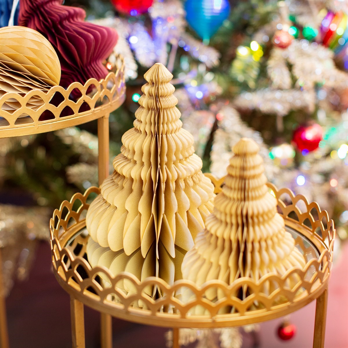 Set of 2 Cream Kraft Paper Honeycomb Tree Standing Decoration