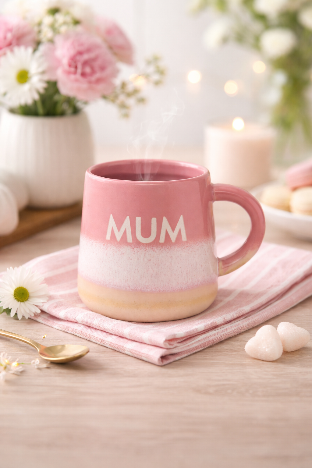 Pink mug with 'MUM' text on a wooden table with flowers and candles in the background