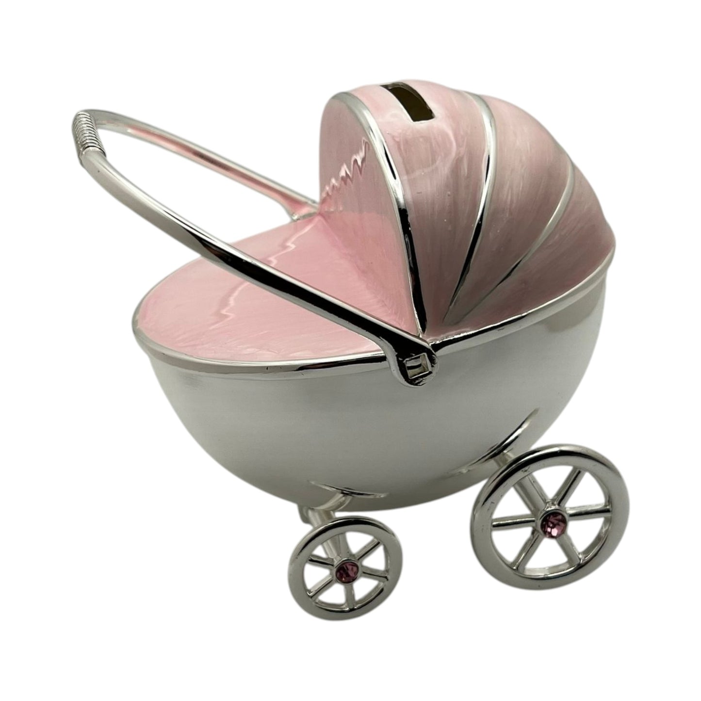 Silver Plated Pink Enamelled Pram Money Box