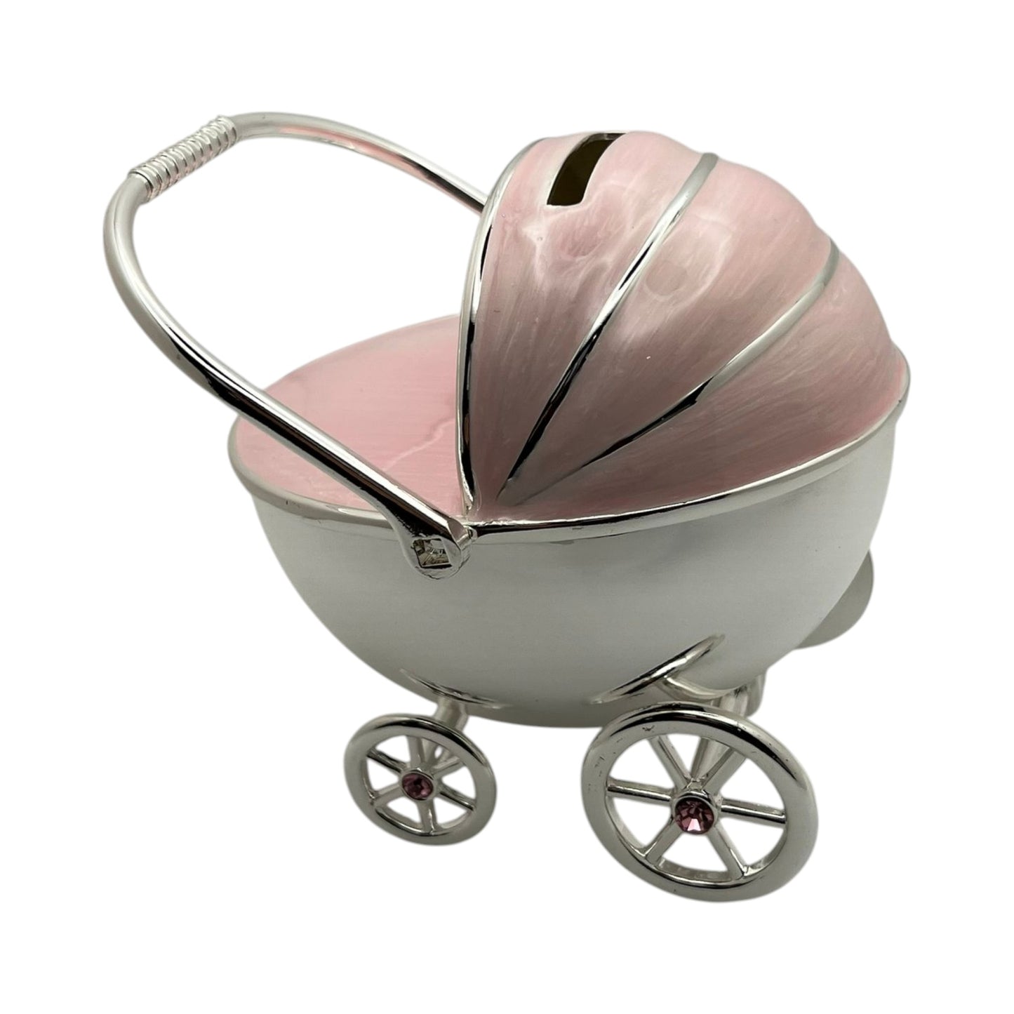 Silver Plated Pink Enamelled Pram Money Box