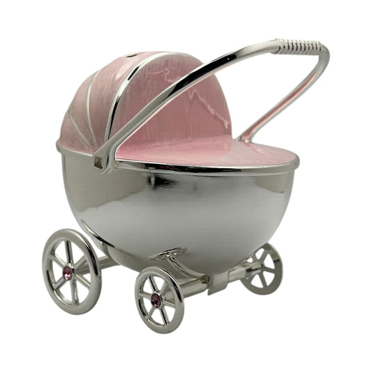 Silver Plated Pink Enamelled Pram Money Box