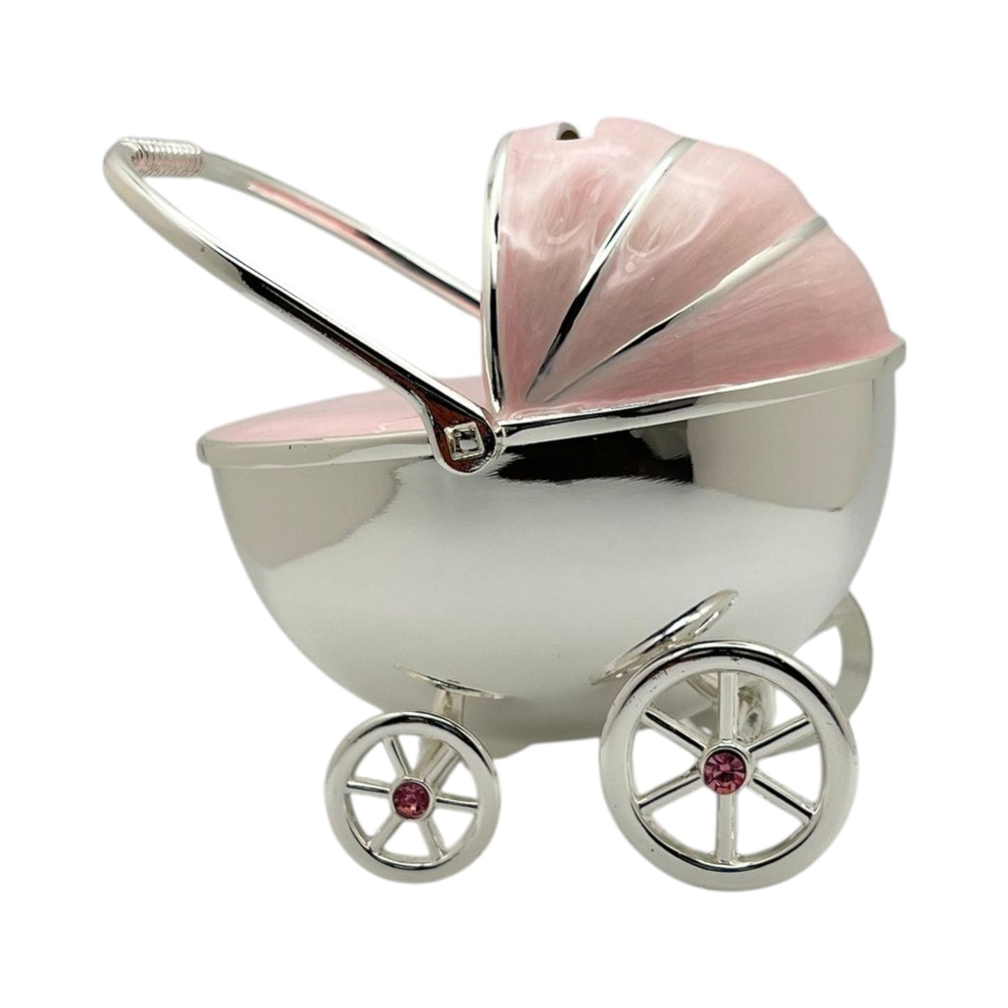 Silver Plated Pink Enamelled Pram Money Box