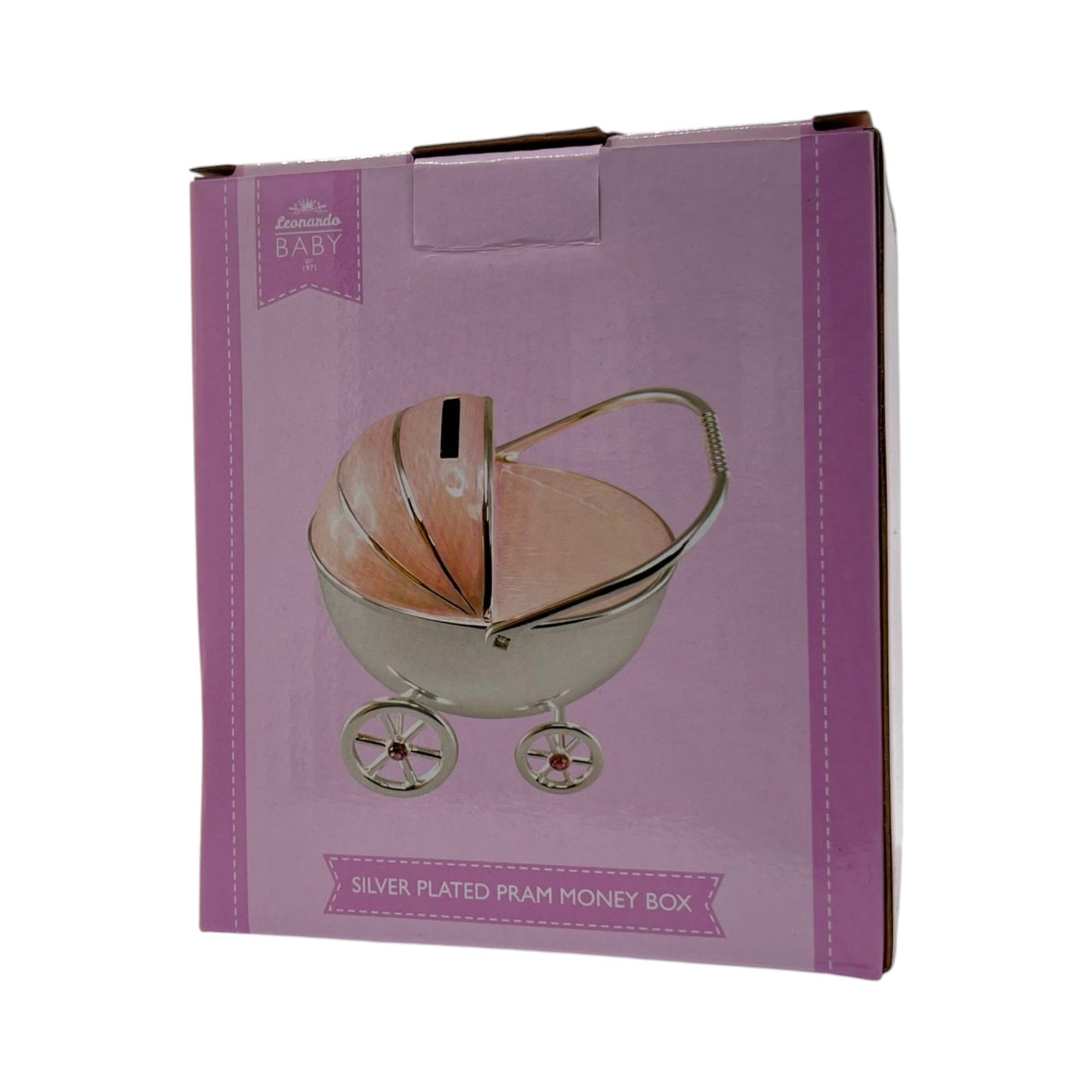 Silver Plated Pink Enamelled Pram Money Box