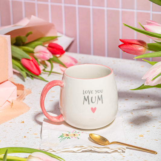 Love You Mum Mug displayed with flowers – Sass & Belle Mother’s Day Gift