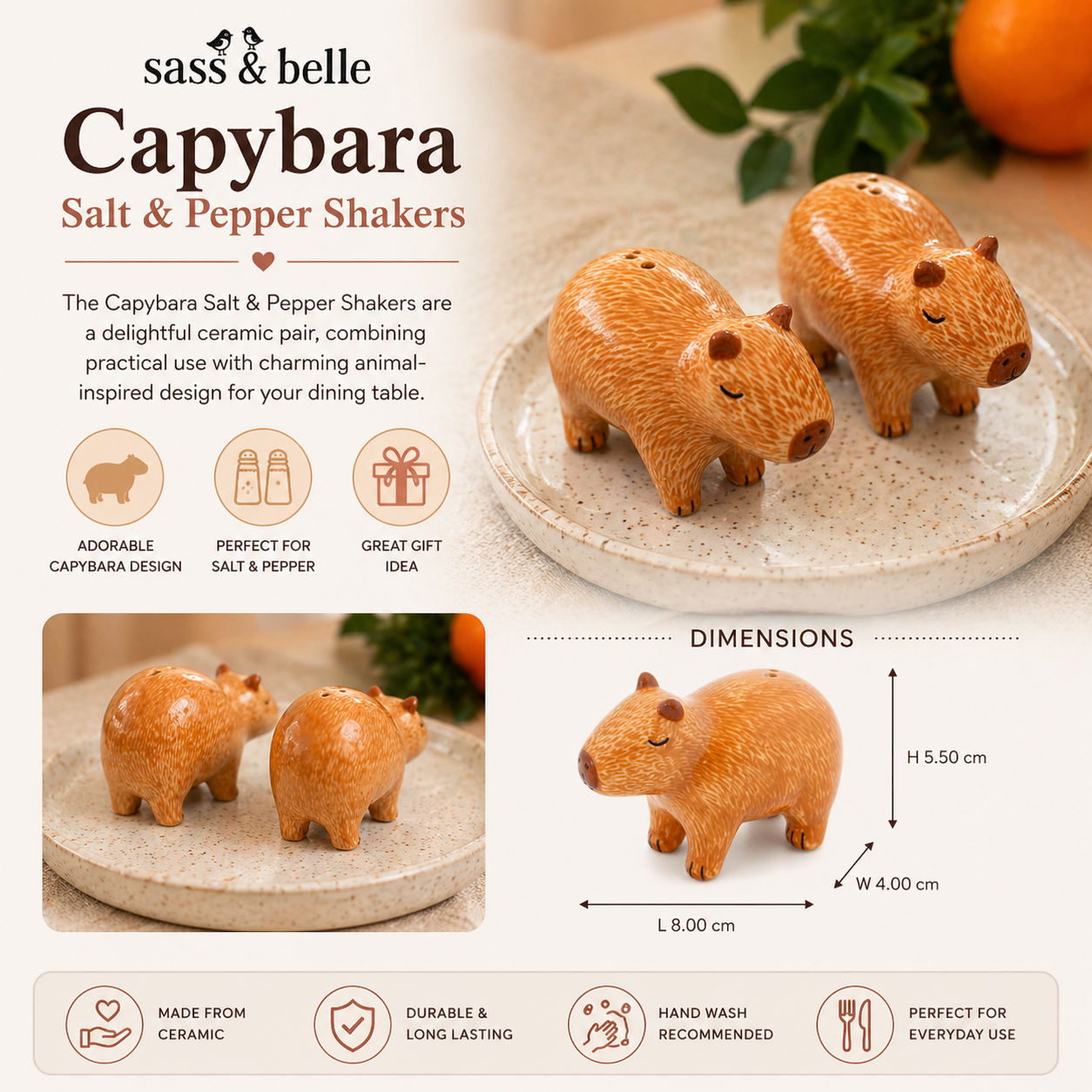 Cute capybara salt pepper shaker pair for dining table