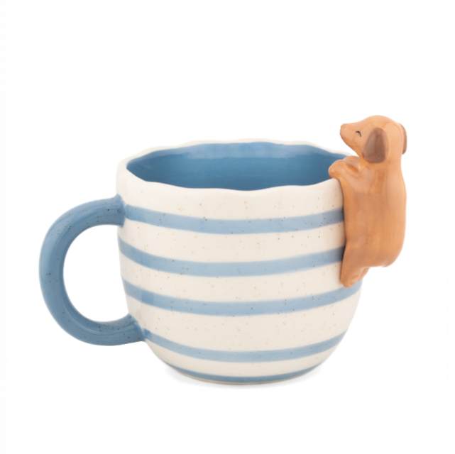 Cute dachshund novelty mug with blue handle and stripes