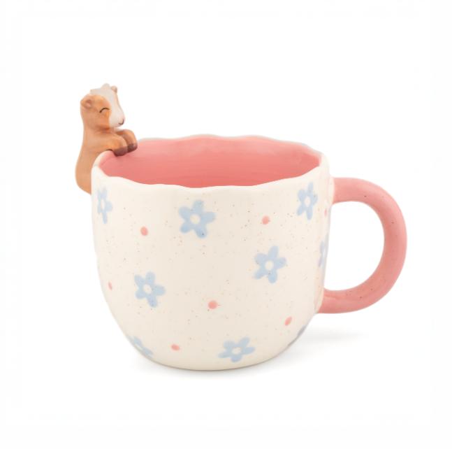 Cute goat novelty mug with pink handle and floral design