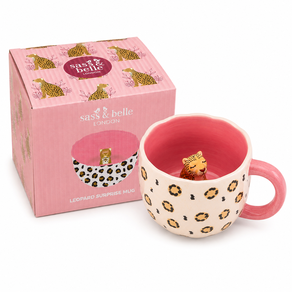 Sass & Belle Surprise Leopard Mug cream leopard print exterior and pink handle