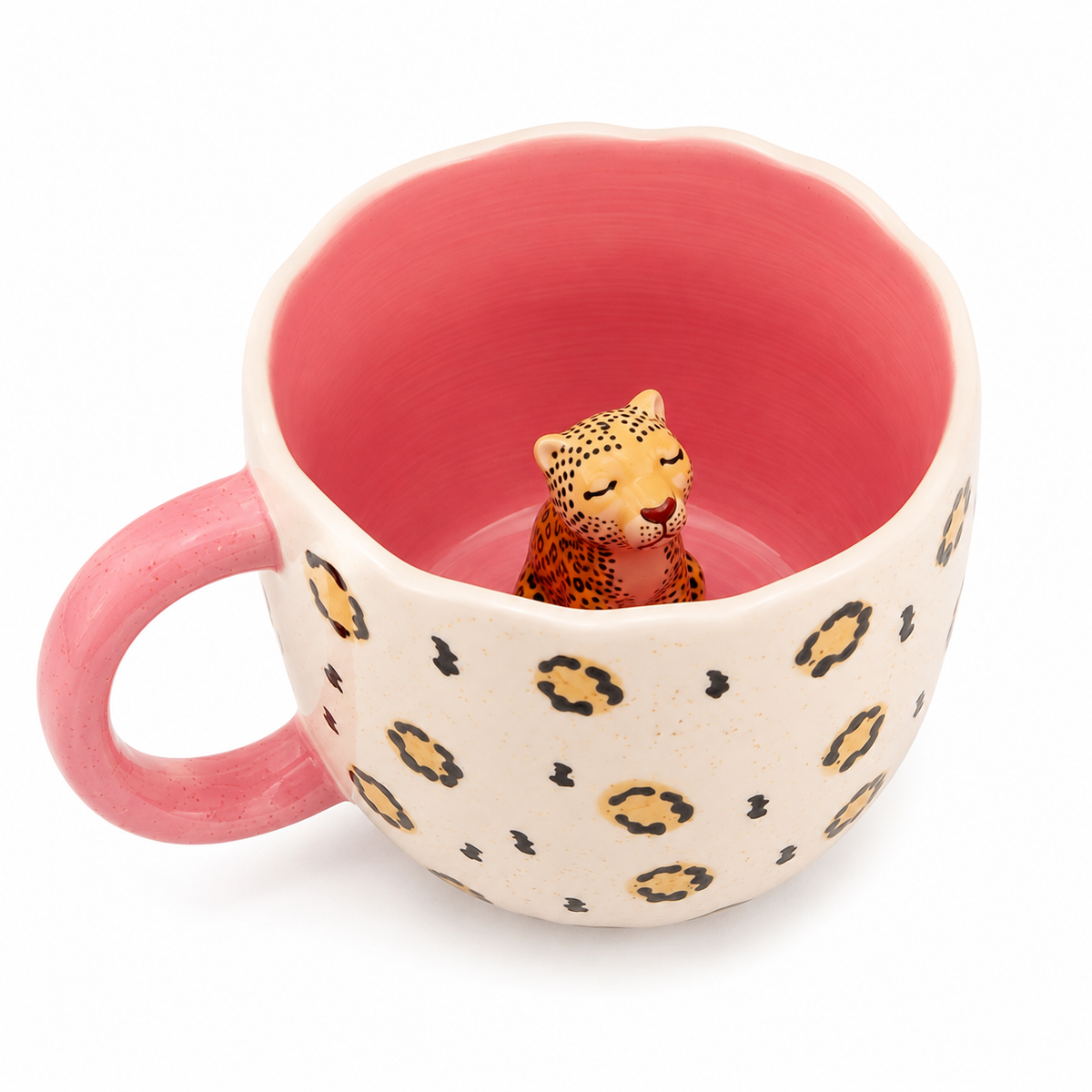 Sass & Belle Surprise Leopard Mug showing hidden leopard figurine inside pink interior