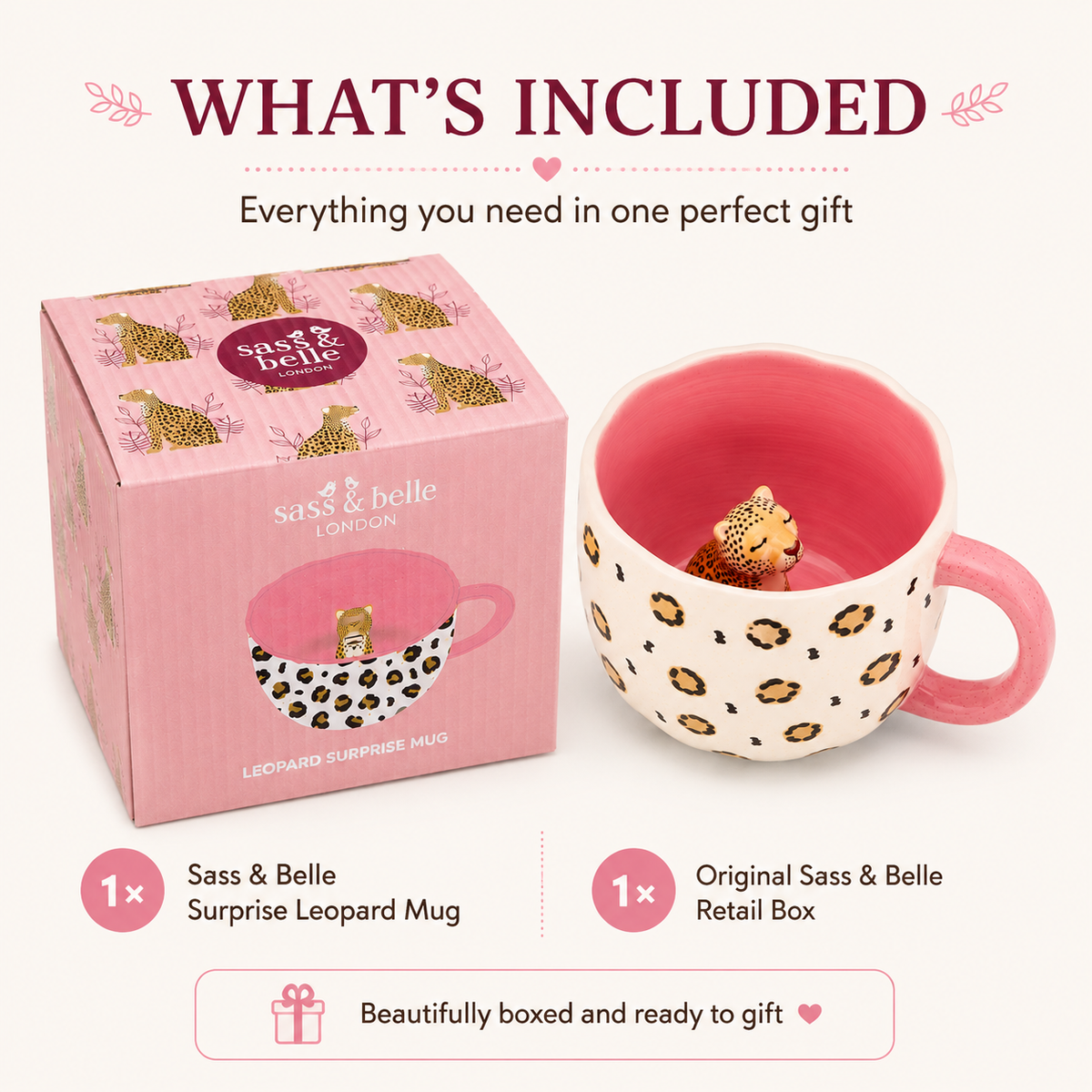 Sass & Belle Surprise Leopard Mug in original pink leopard gift box