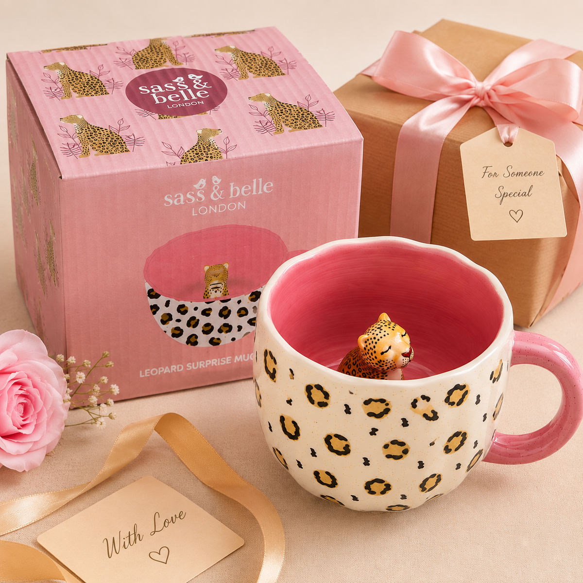 Sass & Belle Surprise Leopard Mug in original pink leopard gift box
