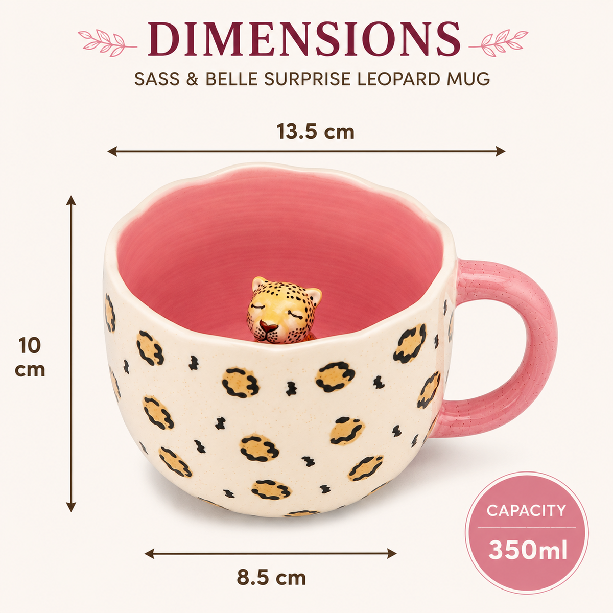 Sass & Belle 350ml Leopard Mug with pink handle and animal print design