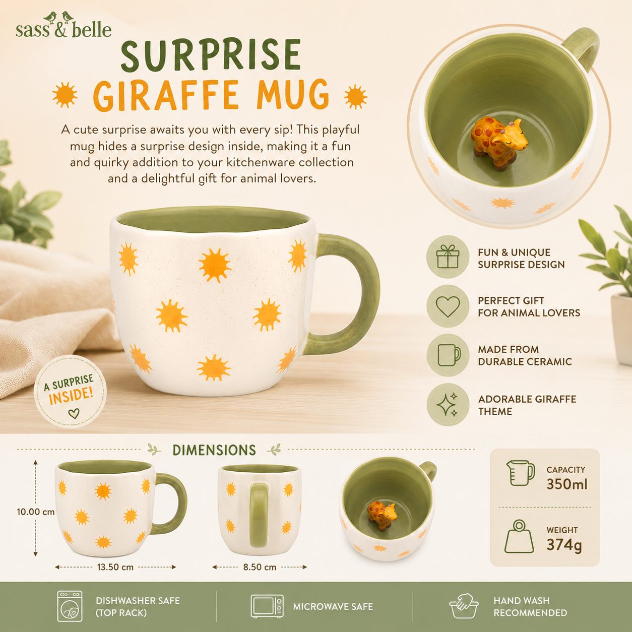 Sass & Belle Surprise Giraffe Mug with yellow sun pattern and green handle