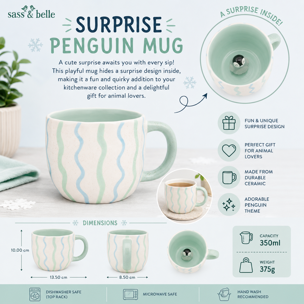 Sass & Belle Surprise Penguin Mug with pastel wave pattern and mint handle