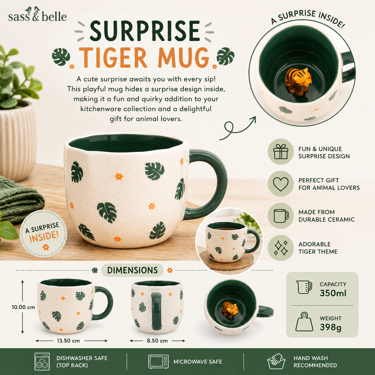 Sass & Belle Surprise Tiger Mug with tropical leaf pattern and green handle